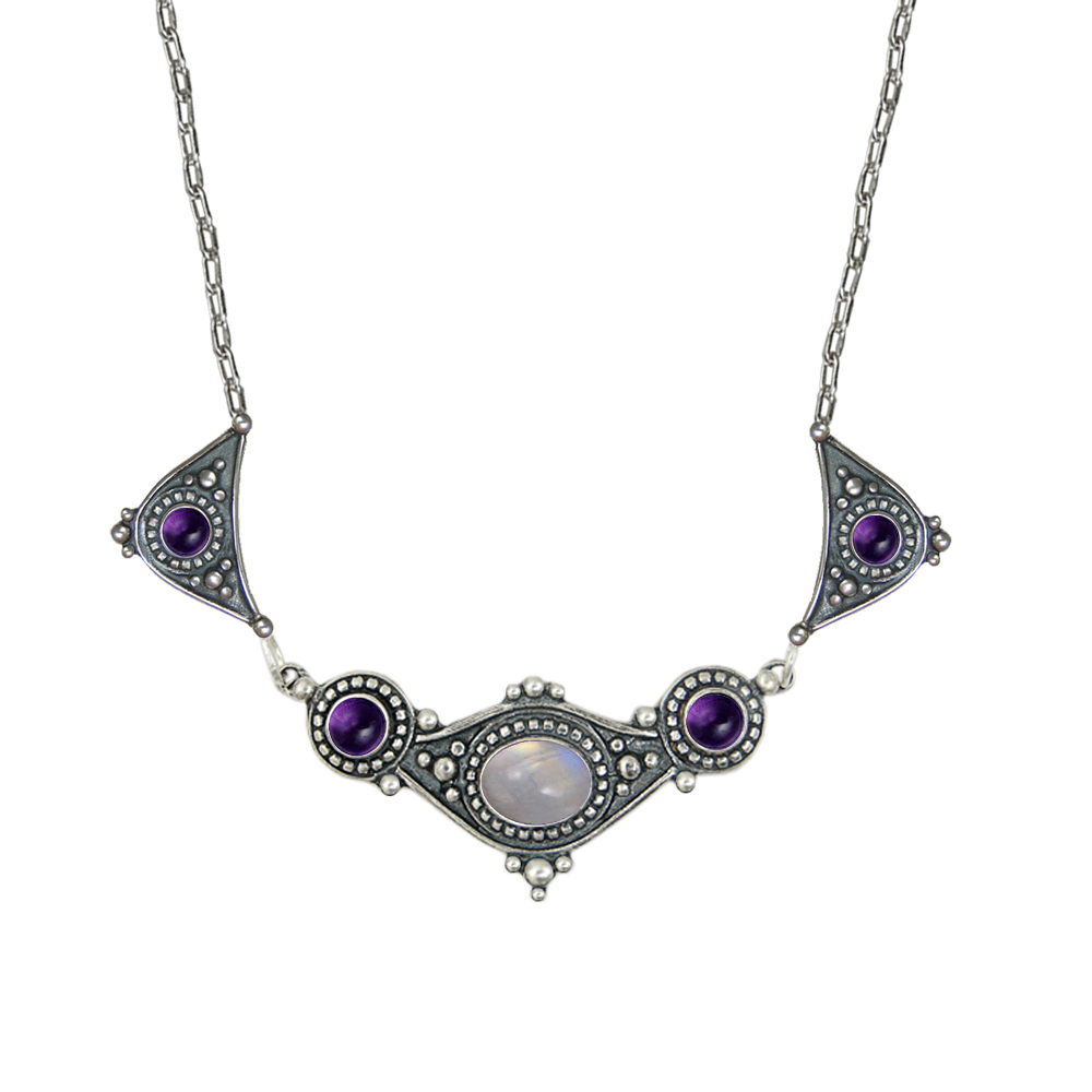 Sterling Silver Romantic Necklace With Rainbow Moonstone And Amethyst